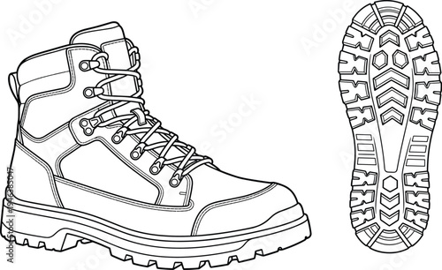 Rugged hiking work boot technical line drawing illustration featuring reinforced stitching, high ankle lacing, textured sole tread flat vector illustrationRugged hiking work boot 