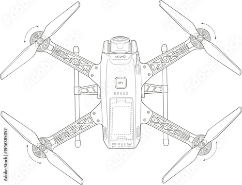 Quadcopter drone technical illustration featuring rotor orientation diagram, 4K UHD camera design, aerial engineering blueprint, mechanical drawing flat vector illustration