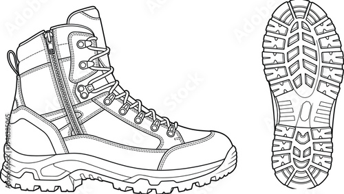 Rugged outdoor boot technical line drawing illustration featuring side zipper, reinforced stitching, textured sole tread pattern flat vector illustration
