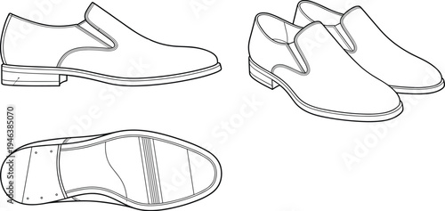 Slip-on dress shoes technical line drawing illustration featuring side view sole pattern perspective design details stitching flat vector illustration
