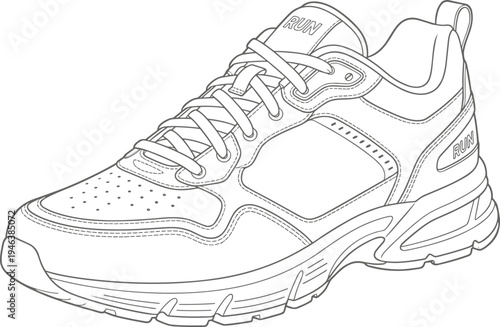 Running shoe line drawing illustration featuring lace-up design, stitched panels, perforated toe box, thick sole traction flat vector illustration