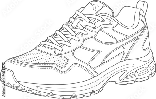 Sneaker technical line drawing illustration featuring lace-up design, stitched panels, perforated toe box, thick sole traction flat vector illustration