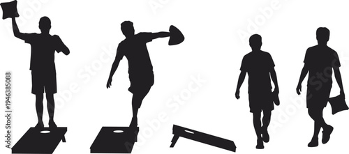 Cornhole silhouettes illustration, lawn game activity, bean bag toss, outdoor recreation, casual play, sports concept, leisure design, fun competition