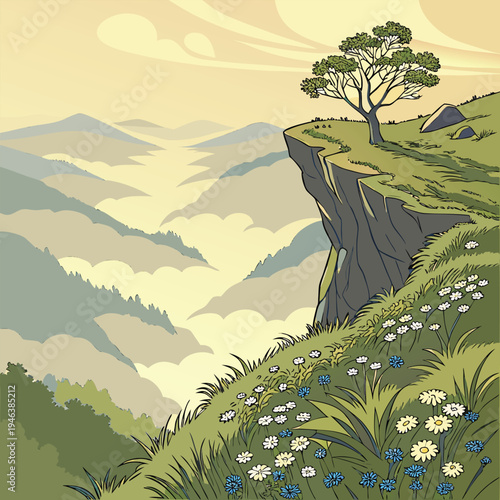 A breathtaking sunrise over a vast mountain valley. In the foreground, a high rocky cliff covered with green grass and delicate wildflowers overlooks layers of misty mountains. A lone small tree stand