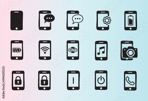 Flat smartphone icons set with various functions and features