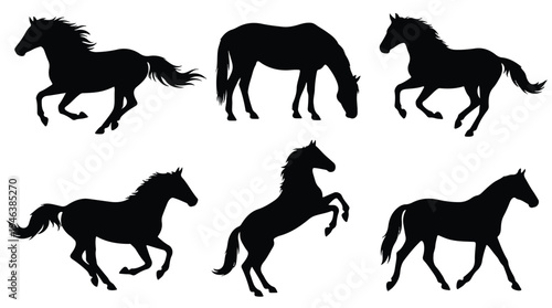 Six black horse silhouettes in different running and standing poses on white background