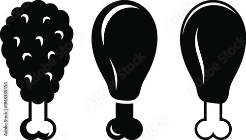Black Silhouette Set of Fried Chicken Drumsticks Isolated on White Background for Fast Food Restaurant Menu and Junk Food Icon
