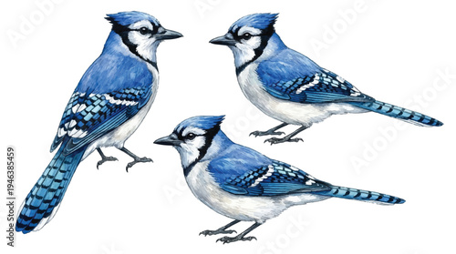 Three blue jays standing on white background