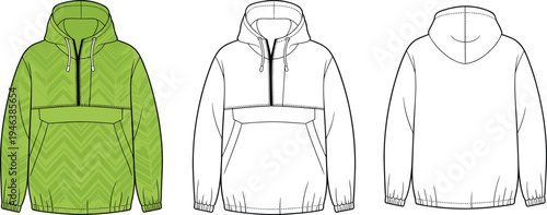 Three hooded jackets with zippers and pockets in green and white colors green jacket white jacket
