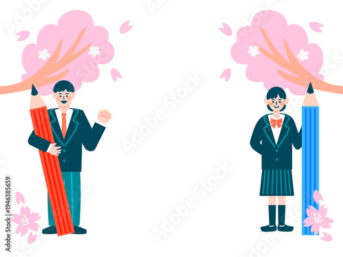 桜び背景と鉛筆を持つ制服姿の中学生・高校生の男女のイラスト