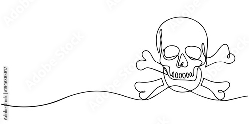 continuous one line drawing Skull and Bones Cartoon Vector Illustration Tattoo Design