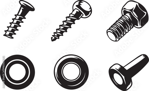 Print A collection of black and white vector illustrations depicting various metal hardware fasteners