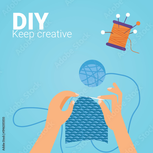 Vector illustration of hands knitting with yarn and needles, DIY craft concept