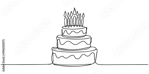 Cartoon chocolate birthday cake with candles and cream icing for celebration party illustration