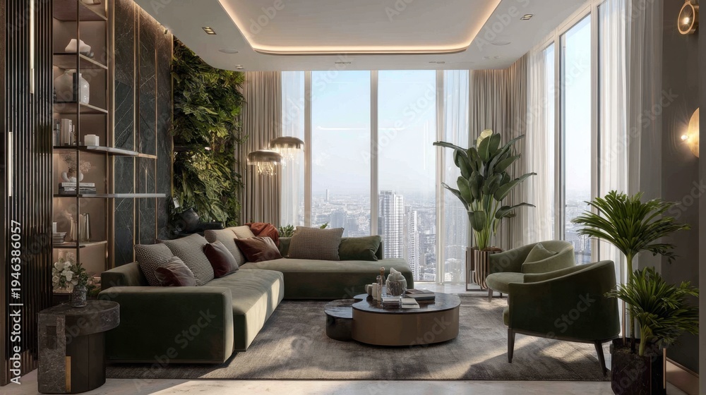 Obraz premium Modern Living Room with Floor-to-Ceiling Windows and Stylish Greenery in Urban High-Rise Apartment