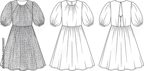 Three Different of a Dress with Puffed Sleeves and Gathered Skirt in Black and White Line black and white