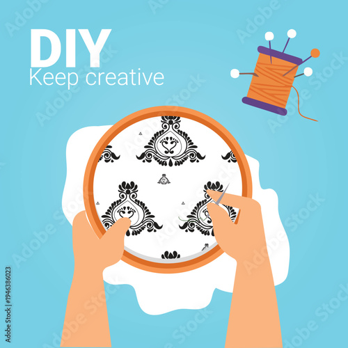 Vector illustration of hands embroidering DIY design