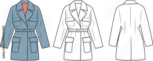 Three views of a blue coat with large pockets and a belted waist