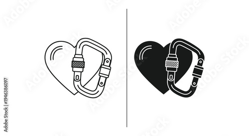 Heart shaped carabiners, black and white illustration