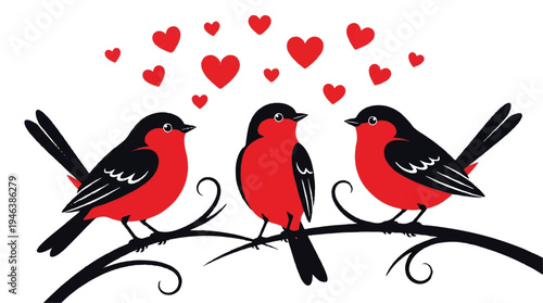 Three red and black birds sitting on a branch with red hearts
