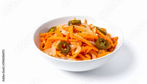 spicy mexican style pickled carrots and jalapenos in white bowl