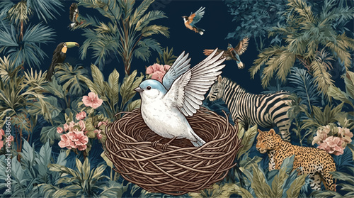 tropical jungle scene with bird in nest and various animals
