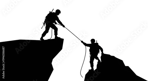 Military Soldiers Rappelling and Climbing Mountain Cliff Silhouette