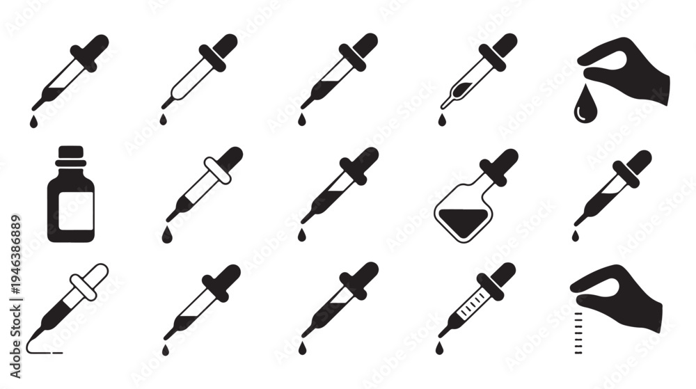 Obraz premium Medical dropper solid black icons set. Filled pictogram collection for laboratory and pharmaceutical usage illustration