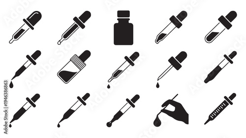 Medical dropper solid black icons set. Filled pictogram collection for laboratory and pharmaceutical usage illustration