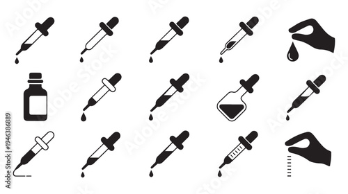 Medical dropper solid black icons set. Filled pictogram collection for laboratory and pharmaceutical usage illustration