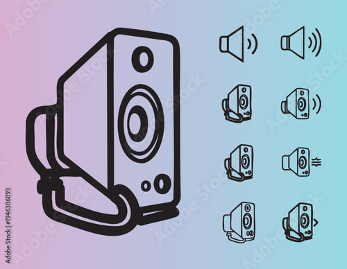 Modern speaker icons set with sound waves and volume controls