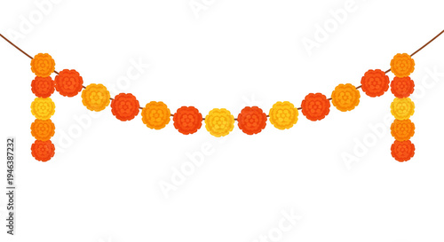 Festive String of Vibrant Orange and Yellow Paper Lanterns in Staggered Arrangement for Indian Celebrations and Home Decor