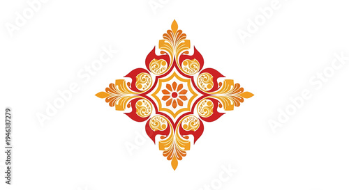 Symmetrical Eight-Armed Luxury Indian Festival Ornamental Design with Central Flower Motif in Deep Red and Gold