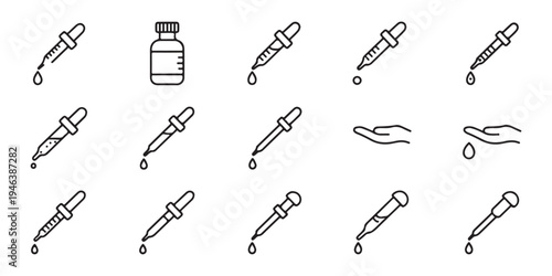 Set of 15 dropper vector line icons featuring various medical, cosmetic, and scientific applications