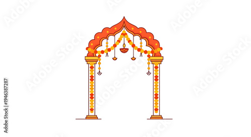 Traditional Indian Festival Archway with Symmetrical Decorations, Vibrant Colors, and Ornate Details in Cultural Heritage Design