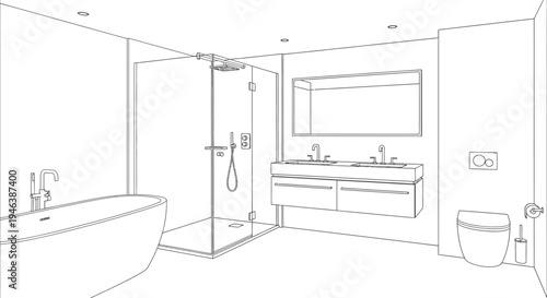 Detailed line drawing of a modern bathroom interior featuring a bathtub, walk-in shower, double vanity, and toilet.