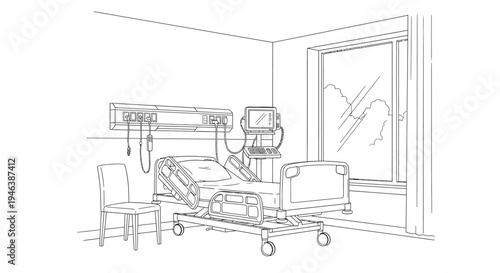 Detailed line drawing of an empty hospital room with a bed and medical equipment.