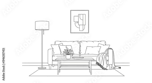 Minimalist line art drawing of a cozy living room interior with a sofa, coffee table, floor lamp, and wall art, perfect for modern home decor concepts.