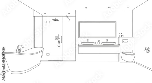 Line drawing of a modern bathroom interior with a bathtub, shower, double vanity, and wall-mounted toilet.