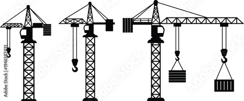 Collection of black tower crane silhouettes with cargo containers isolated on white background for construction site logistics and industrial development