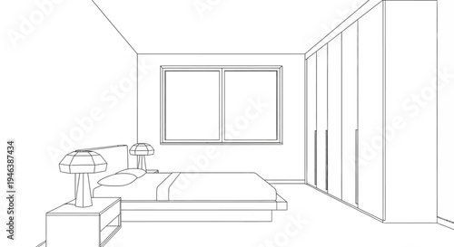Detailed line drawing of a modern bedroom interior with a bed, window, and large wardrobe.