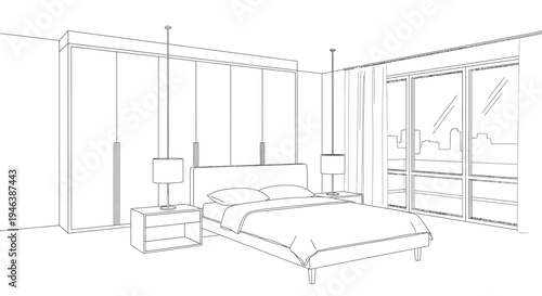 Detailed line art sketch of a modern bedroom interior with a large bed, nightstands, lamps, wardrobe, and a window overlooking a city skyline.