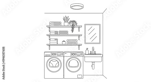 Line art illustration of a modern laundry room with washer, dryer, sink, and shelves.