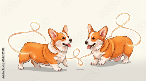 Two corgis standing side by side with leashes around their necks on a light background