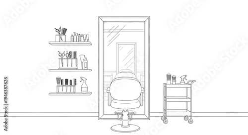 Line art illustration of a hair salon interior with a chair, mirror, shelves, and styling tools.