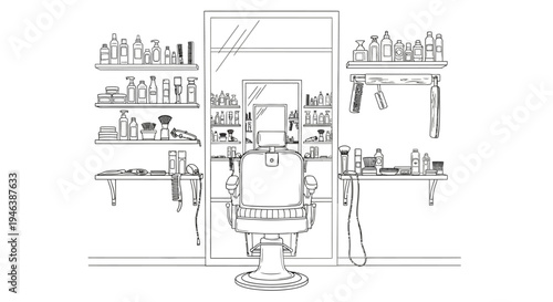 Detailed line art illustration of a classic barber shop interior with a chair, mirrors, and various grooming products on shelves.