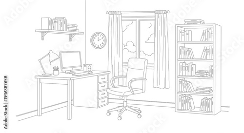 Line drawing of a home office with a desk, computer, chair, window, and bookshelves.