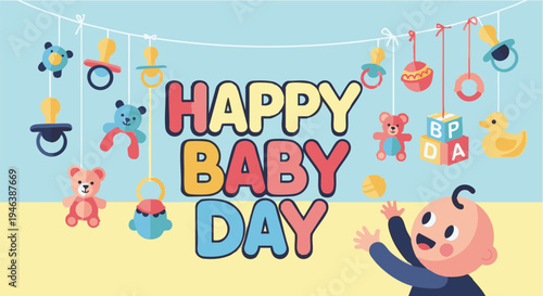 Baby shower celebration colorful cartoon style with hanging toys and cheerful mood for party decoration