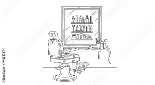 Line art drawing of a vintage barber shop station with a classic chair, mirror, and hair care products.