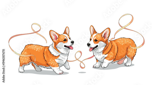 Two corgis standing side by side with leashes tied together